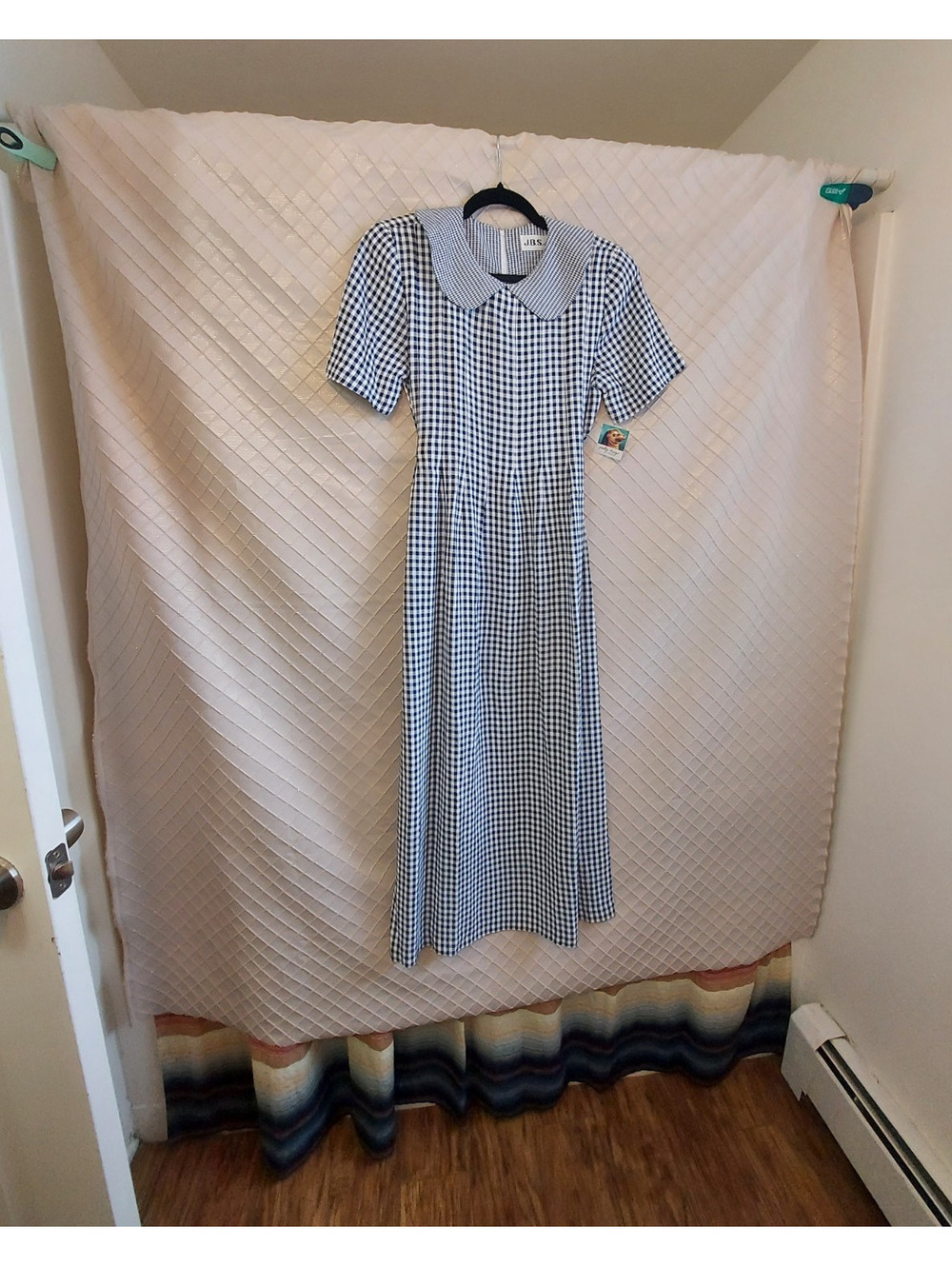 JBS Blue/White Gingham Maxi A-Line Dress Peter Pan Collar Belted Sz M